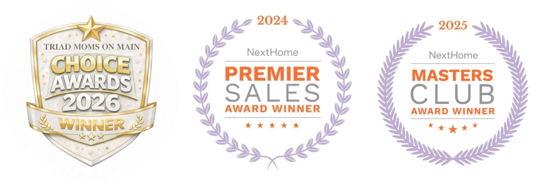 Award badges: Triad Moms on Main Choice Awards 2026, NextHome Premier Sales Award 2024, NextHome Masters Club Award 2025